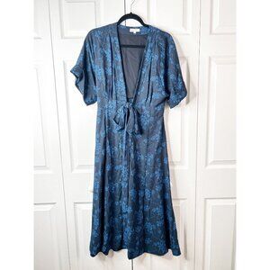 Equipment Nauman Navy Blue Floral V-Neck Belted Midi Dress Women's Size 6